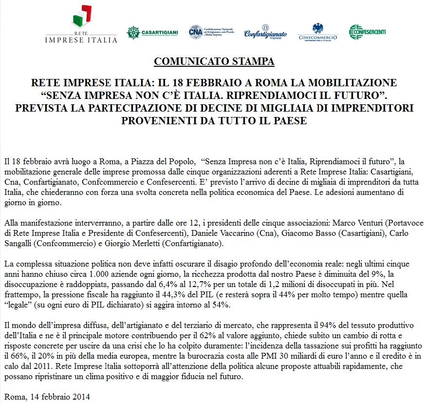 Mobilitazione generale Rete Imprese Italia: Comunicato stampa